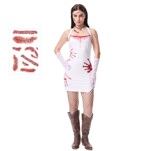 XehCaol Damens Grusel Zombie Kostüm Set Weißes Trägerkleid mit Blutflecken Spitzenhandschuhe Temporäre Tattoos Halloween Horror Outfit (White, X-Large) von XehCaol
