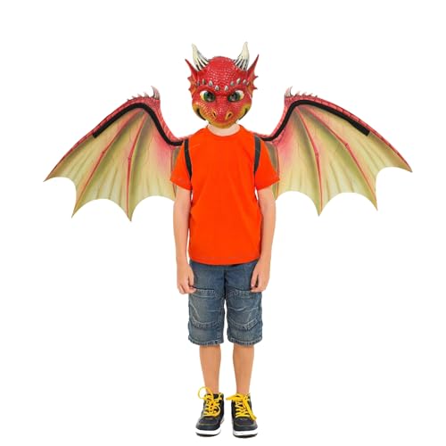 XehCaol Drachen Maske und Flügel Set für Kinder Jungen Mädchen PU Schaumstoff Maske Vliesstoff Flügel for Halloween Karneval Party Cosplay (Rot) von XehCaol