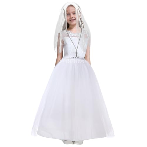 XehCaol Erstkommunion Kleid Mädchen Weiß, Festliches Kommunionskleid mit Besticktem Tüll und Satin Gürtel, Boho A-Linie Blumenmädchen Kleid für Hochzeit, Größe 120-160 (White, 120) von XehCaol
