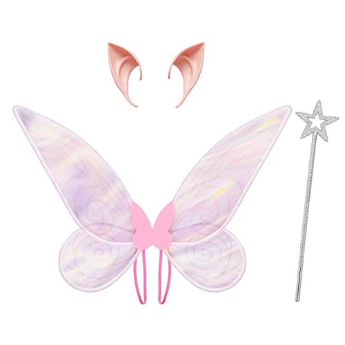 XehCaol Feenflügel für Kinder, Mädchen, mit Ohren, Elfe, Zauberstab, Schmetterling, Prinzessin, Fee, Halloween, Karneval, Weihnachten, Party, Geburtstag, (Pink) von XehCaol