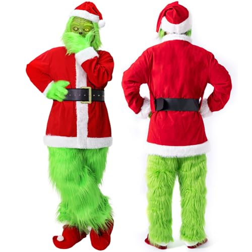 XehCaol Grinch Kostüm Grünes Monster Kostüm für Erwachsene Weihnachtsmann Kostüm Weihnachten 6 Stück Anzug mit Maske für Weihnachten (Rot, 2X-Large) von XehCaol