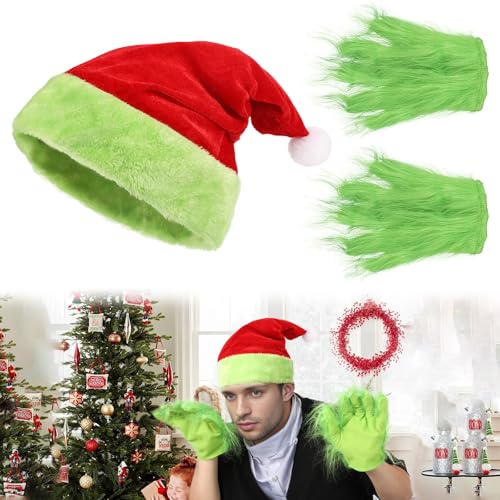 XehCaol Grinch Kostüm Weihnachten Grinch Kostüm Erwachsene Accessoires Weihnachtsmütze Grinch Handschuhe Cosplay Kostüm Requisiten (Rot-2p) von XehCaol