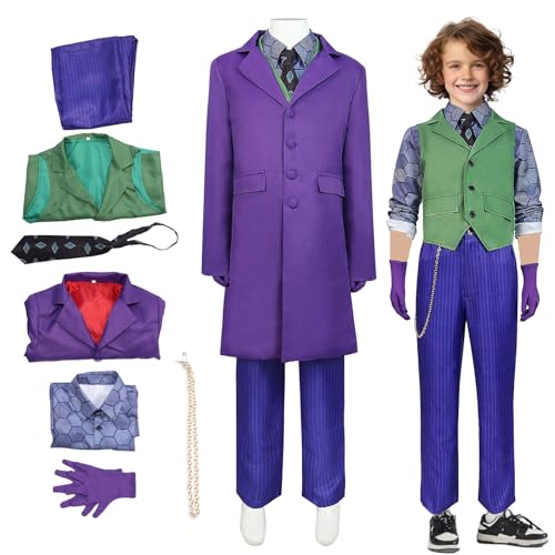 XehCaol Joker Kostüm,Killer Clown Kostüm Steampunk Gothic Jacke Mantel Uniform Halloween Cosplay 8pcs Set Kostüm Kinder (Joker costume for kids, 150) von XehCaol