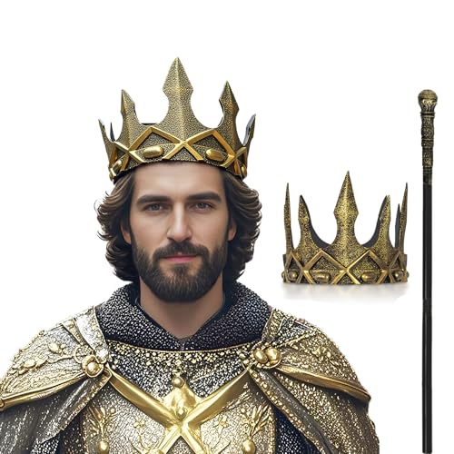 XehCaol Königskrone Mittelalterliche Krone Goldene Krone mit Königszepter für Prinz Halloween Karneval Party Cosplay (Gold-A) von XehCaol