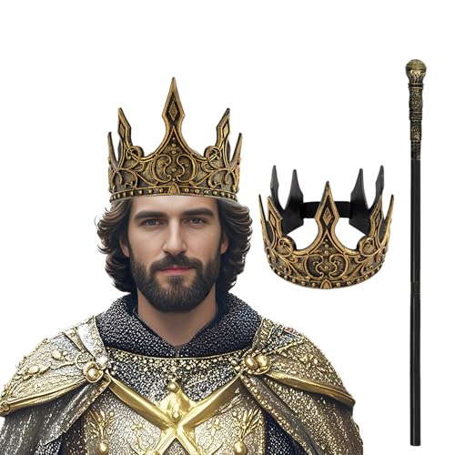 XehCaol Königskrone Mittelalterliche Krone Goldene Krone mit Königszepter für Prinz Halloween Karneval Party Cosplay (Gold-B) von XehCaol