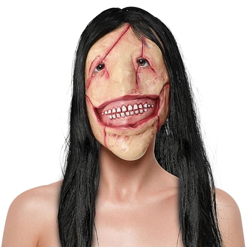 XehCaol Langhaarige Horror Geistermaske Gruselige Halloween Maske für Erwachsene mit Langen Schwarzen Haaren Damen Herren Kostüm Accessoire Karneval Fasching Horror Party (Einheitsgröße) von XehCaol