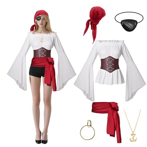 XehCaol Mittelalter Bluse Damen 7-teilig Wikinger Kleidung mit Leder-Gürtel Schulterfrei Vintage Piratenhemd Trompetenärmel Rüschenbluse für Karneval Halloween Cosplay (White, Small) von XehCaol