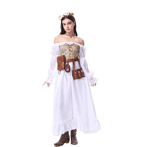 XehCaol Mittelalter Kleid Damen Set Zweifache Trageweise Blumendruck mit Gürtel Gürteltasche Blumenkranz Halskette und Elfenohren Elegantes Renaissance Kostüm für Karneval Halloween (White, X-Large) XehCaol Mittelalter Kleid Damen Set Zweifache Trageweise Blumendruck mit Gürtel Gürteltasche Blumenkranz Halskette und Elfenohren Elegantes Renaissance Kostüm für Karneval Halloween (White, X-Large) von XehCaol
