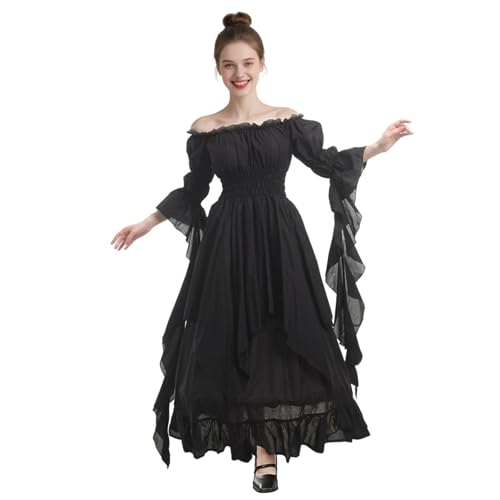 XehCaol Mittelalter Kostüm Damen Renaissance Prinzessin Kostüm, Mittelalter Kostüm, Vintage Maxikleid für Karneval, Halloween, Mittelalterfeste (Black, L-XL) von XehCaol