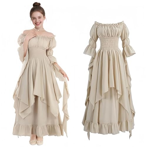 XehCaol Mittelalter Kostüm Damen Renaissance Prinzessin Kostüm, Mittelalter Kostüm, Vintage Maxikleid für Karneval, Halloween, Mittelalterfeste (Champagne, L-XL) von XehCaol