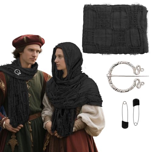 XehCaol Mittelalter Umhang Damen Herren mit Kapuze und Accessoires - Vintage Design mit Fransen für LARP Cosplay Renaissance Halloween (Black, One size) von XehCaol