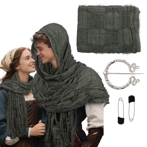 XehCaol Mittelalter Umhang Damen Herren mit Kapuze und Accessoires - Vintage Design mit Fransen für LARP Cosplay Renaissance Halloween (Dark Green, One size) von XehCaol