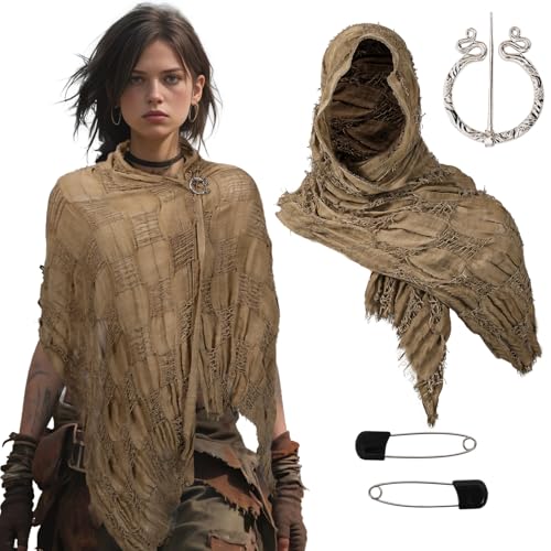 XehCaol Mittelalter Umhang Damen Herren mit Kapuze und Accessoires - Vintage Design mit Fransen für LARP Cosplay Renaissance Halloween (Khaki, One size) von XehCaol