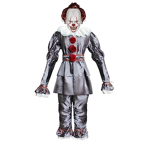 XehCaol Pennywise Kostüm Mit Maske,Scary Clown Halloween Joker Cosplay Kostüm Set für Kinder (Medium, Silver) von XehCaol