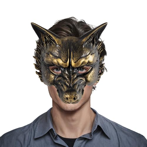XehCaol Werwölfe Maske Wolf Tiermasken Half Face Wolf Maske Realistic 3D Animal Masks for Adults Halloween Carnival Party Masquerade (Gold) von XehCaol