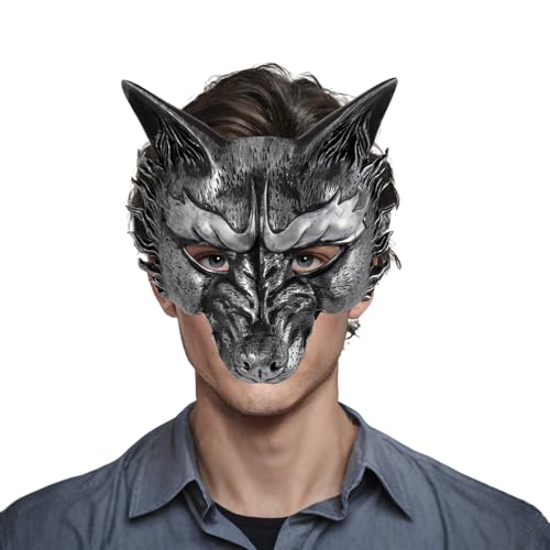 XehCaol Werwölfe Maske Wolf Tiermasken Half Face Wolf Maske Realistic 3D Animal Masks for Adults Halloween Carnival Party Masquerade (Silber) von XehCaol