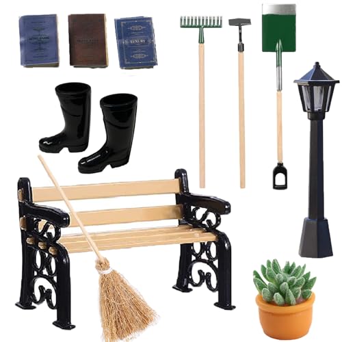 12 Stück Miniatur Garten Zubehör, Mini Wichtel Zubehör, Puppenhaus Zubehör Garten, Mini Gartenmöbel Deko mit 4 Gartengeräte 1 Mini-Regenstiefel 1 Parkstraßenlaterne Parkbank Topfpflanzen Buch für DIY von Xerteam