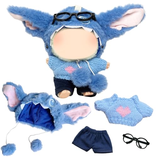17 cm Plüschpuppenkleider, süßes Cartoon-Plüschpuppen-Outfit, rosa Ohr-blaue Kopfbedeckung + blauer Pullover mit rosa Herzdruck + Shorts + schwarze Brille, DIY-Kleidung, ideales Kindergeschenk von Xerteam