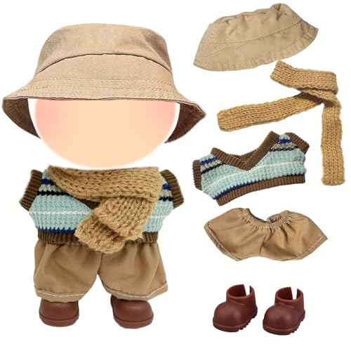 5 Stück Puppen Kleidung für 17 cm Puppen, 17cm Mini Plüsch Puppen Plüschpuppe 1 Braun Pullover in Blockfarben+1 Khakihose+1 Mütze+1 Schal+1 Paar Schuhe, für Mädchen Geburtstagsgeschenk, Keine Puppe von Xerteam