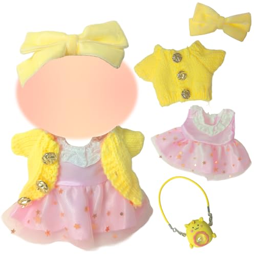 Xerteam Puppenkleidung für 17 cm Plüschpuppe, 4 Stück Süßes 17 cm Plüschpuppen Outfit, gelbe Strickjacke, rosa Kleid, gelbe Haarnadel, Schultasche, Anhänger, Mädchen/Jungen Geschenk, Keine Puppen von Xerteam