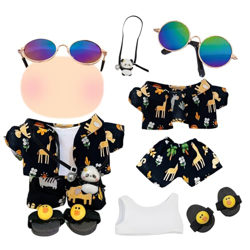 6 Stück 17cm Schwarzes Beachwear-Set Plüsch Puppenkleidung, Sommerstil Plüsch Puppenkleidung Outfit, Panda-Anhänger, Hemd & Shorts mit Aufdruck, Weste, Sonnenbrille, Gelbe Entenpantoffeln für Kinder von Xerteam