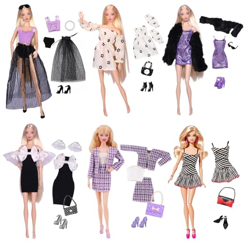18-teiliges Outfit kompatibel mit Barbie, Puppenkleidung für 29,1 cm große Mädchenpuppen, lila Kleid, Mode-Accessoires, 6 Kleider + 4 exquisite Taschen + 6 Paar High Heels + Perlenkette + Sonnenbrille 18-teiliges Outfit kompatibel mit Barbie, Puppenkleidung für 29,1 cm große Mädchenpuppen, lila Kleid, Mode-Accessoires, 6 Kleider + 4 exquisite Taschen + 6 Paar High Heels + Perlenkette + Sonnenbrille von Xerteam