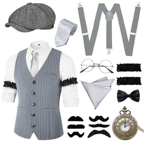 20er Jahre Kostüm Herren, Mafia Kostüm Männer Westen mit 15 Pcs 20er Jahre Accessoires, Weste Taschenuhr Hut Krawatte Fliege Hosenträger Gläser für Karneval Fasching Party (Retro Grau) von Xerteam