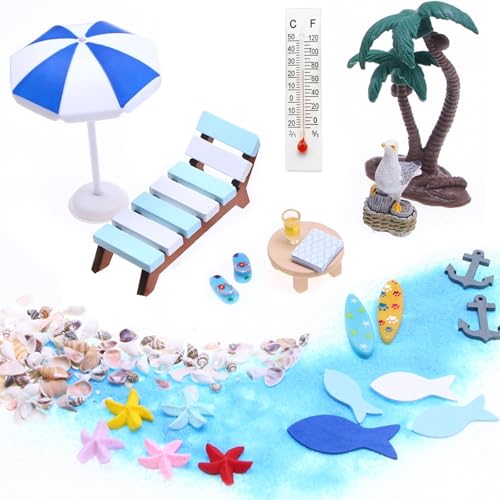 21 Stück Strand Mikrolandschaft, Strand Deko Miniatur Set, Mini Liegestuhl Kleine Tisch Schirm Palme Deko Sommer Mini Muschel Miniatur Dekoration Accessoires Für DIY Garten, Puppenhaus Dekoration von Xerteam