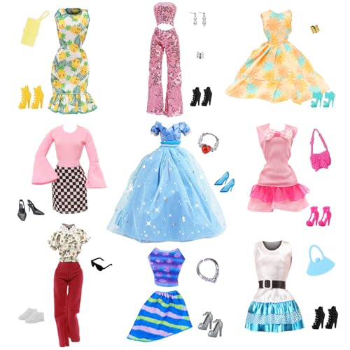 26 Puppen Kleidung und Zubehör Kompatibel mit Barbie, Modischer Stil 1 Blaues Abendkleid 1 Rosa Paillettenanzug 1 Eleganter Karorock 1 Blauer Idol Rock 4 Kleider 1 Blumenanzug für 11,5 Zoll Puppen von Xerteam