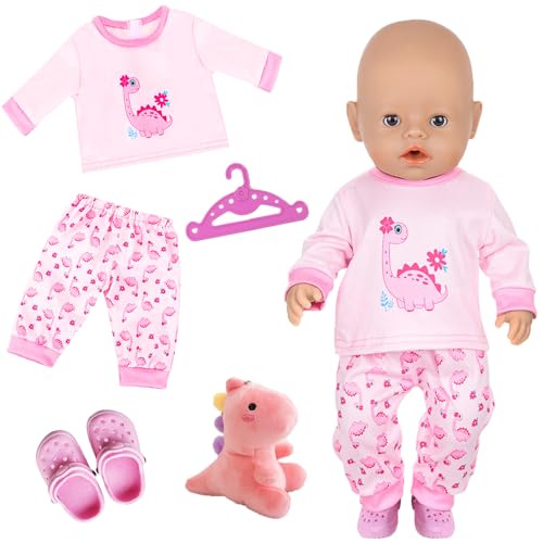 Puppenkleidung für 35-43cm Baby Puppen, 5 Stück Puppenkleidung Outfit, 1 Dinosaurier Oberteil, 1 Hose, 1 Dinosaurier Puppe, 1 Hausschuhe, 1 Kleiderbügel, Puppenkleidungsset für Kinder Mädchen Jungen von Xerteam