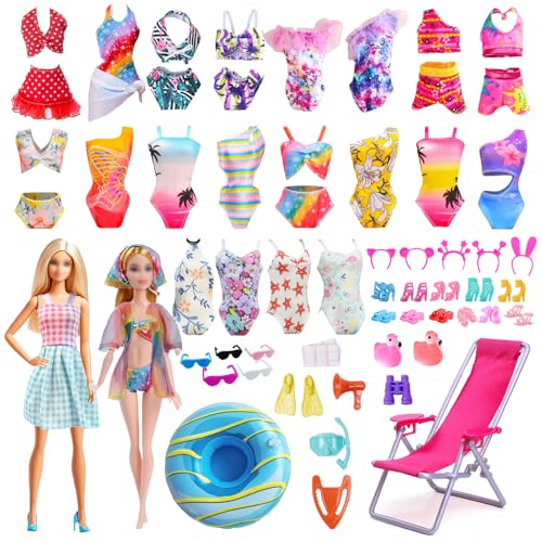 32 Puppenkleidung Strand Bademode Set, 5 Badeanzüge Bikini 1 Rock Farbige Gazejacke Schwimmring Strandkorb Rettungswerkzeug Set 2 Mini Harz Tiere 16 Zubehör für 11,5 Zoll Mädchen Puppen Geschenke von Xerteam