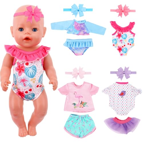 Babypuppenkleidung für 14-18 Zoll Spielzeug Babypuppe, 4 Set süße Sommerkleidung und Puppenzubehör enthalten 2 Top 2 Shorts 2 einteiliger Badeanzug 1 Kleid 4 Bogen Stirnband für Neugeborene Puppen von Xerteam