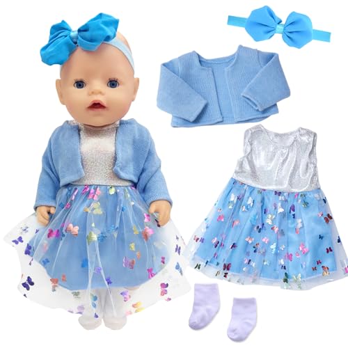 Babypuppenkleidung für 14-18 Zoll Babypuppen, 4 Stück Süßes Puppenkleidung 35-43cm Outfit mit Blauem Mantel + Schleife Gazerock + Schmetterlingsschleife Stirnband + Socken, Neue Puppenkleidung Zubehör von Xerteam