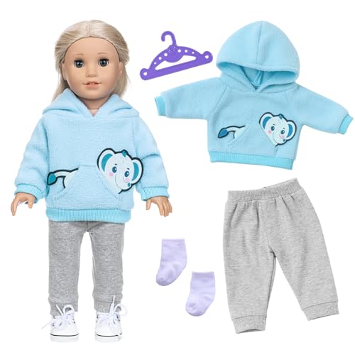 4 Teilig Puppenkleidung für 36-43cm Baby Puppen, Nettes Puppengewand und Puppenzubehör mit Süßem Tiermuster, Hoodies, Hosen, Kleiderbügel, Socken für Puppen 43cm Jungen Mädchen Geschenk (Blau) von Xerteam