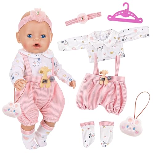 6 Pack Babypuppen Kleidung für 16-18 Zoll Puppen, Rosa Babypuppen Outfits mit Oberteil + Overall + Kopfschmuck + Socken + Kleiderbügel + Anhänger, Süßes Giraffen Puppenkleidung, Geschenk für Mädchen von Xerteam