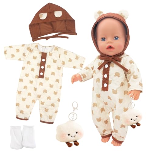 Babypuppenkleidung für 16-18 Zoll Puppen, 40-45 cm süße Babypuppen Outfits mit Bärenmütze + Body + Anhänger + Socken, Braunbär Babypuppen Kleidung, als Geschenk für Mädchen von Xerteam