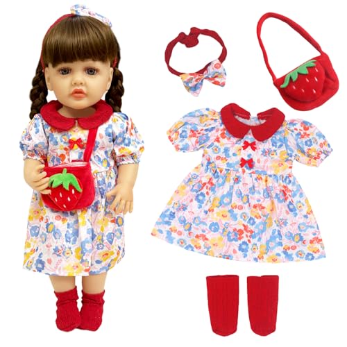 Baby Puppenkleidung für 20-22 Zoll große Babypuppen, 50-55 cm Süße Babypuppen Outfits mit 1 Kleid + 1 Stirnband + 1 Paar Socken + 1 Tasche, Rote große Babypuppenkleidung, als Geschenk für Mädchen von Xerteam