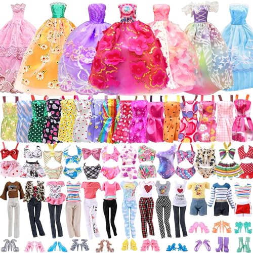 44-teiliges Puppenkleidungs- und Zubehör-Set, 3 Hochzeitskleider, 5 Strapsröcke, 2 Oberteile, Hosen, 3 Badeanzüge, Bikini, 10 Schuhe, 16 Schmuck, 5 Kleiderbügel, kompatibel mit 29,8 cm Barbie-Puppe von Xerteam