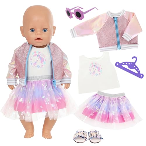Puppenkleidung für 14-18 Zoll Baby Puppen, 6 Stück Rosa Pony Kleidung Outfits mit Cartoon-Oberteil Ombre-Tüllrock Paillettenjacke Sonnenbrille Kleiderbügel Hausschuhe, Baby Puppen 35-46 cm Kleidung Puppenkleidung für 14-18 Zoll Baby Puppen, 6 Stück Rosa Pony Kleidung Outfits mit Cartoon-Oberteil Ombre-Tüllrock Paillettenjacke Sonnenbrille Kleiderbügel Hausschuhe, Baby Puppen 35-46 cm Kleidung von Xerteam