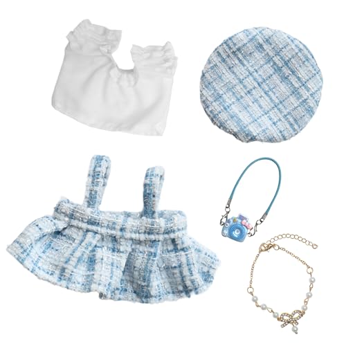 5 Stück Kleidung für 17 cm Plüschpuppen, Top + Strapsrock + Baskenmütze + Perlenkette + Kamera-Anhänger, elegante Puppenkleidung und Zubehör für Kinder, DIY-Puppengeschenke (blau) von Xerteam