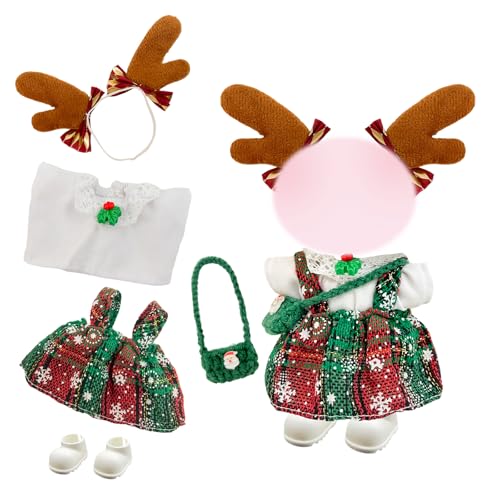 5 Stück Puppenkleidung für 17 cm Plüschpuppe, Weihnachtsstil, Puppenkleidung, Zubehör mit 1 Overallrock + 1 weißes Oberteil + 1 Elchhaar-Accessoire + 1 weißer Schuh + 1 Tasche von Xerteam