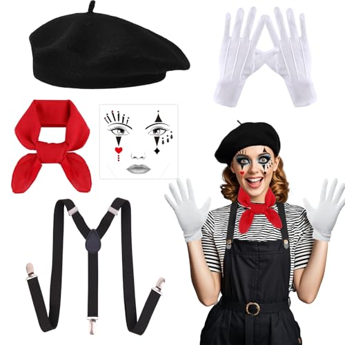 Xerteam Mottoparty Pantomime Kostüm Damen Herren, Französin Kostüm Zubehör mit Karnevalshüte, Gesichtstattoo, Hosenträger, Rote Tuch, Handschue, Rot Weiss Karneval-kostüm Damen für Halloween Cosplay von Xerteam