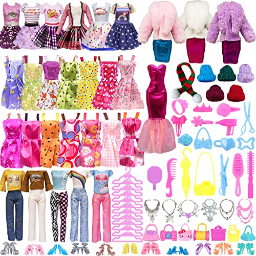 64-teiliges Puppenkleidung und Zubehör-Set für Barbie, 1 rotes langes Kleid, 10 Strapsröcke, 1 Mantel, 2 modische Kleider, 2 Oberteile, 6 Halsketten, 2 Taschen, 18 Mädchen-Accessoires, 1 Schal Hut von Xerteam