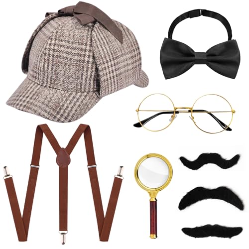 7 Stück Detektiv Kostüm Zubehör Set, 1920er Jahre Detektiv Kostüm mit Detektiv karierten Hut Y-Rücken Hosenträger Fliege Lupe Brille Schnurrbart, Detektiv Cosplay Requisiten für Karneval Cosplay Party von Xerteam
