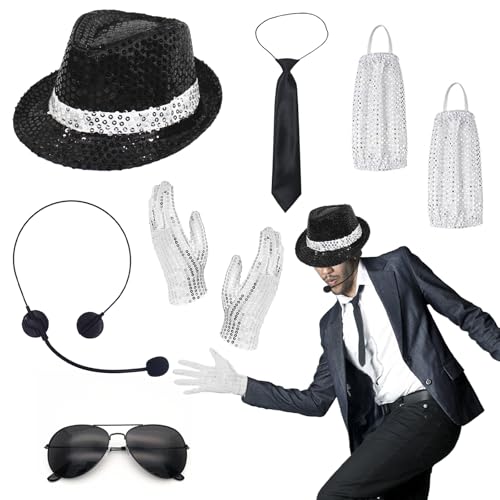 8-teiliges Pop-Star-Kostüm, 80er-Jahre-Tänzerin, Rocker-Star, Cosplay-Kostüm, Zubehör mit Jazz-Pailletten-Hut, Handschuh, Socke, Krawatte, Sonnenbrille, Kopfmikrofon, King of Pop für Erwachsene 8-teiliges Pop-Star-Kostüm, 80er-Jahre-Tänzerin, Rocker-Star, Cosplay-Kostüm, Zubehör mit Jazz-Pailletten-Hut, Handschuh, Socke, Krawatte, Sonnenbrille, Kopfmikrofon, King of Pop für Erwachsene von Xerteam