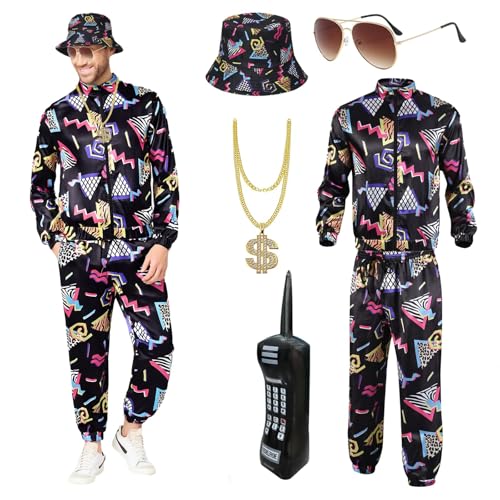 80er 90er Jahre Verkleidung Herren mit Zubehör, Retro 80er 90er Jahre Hip Hop Outfit für Erwachsene, 80er Jahre Verkleidung Set mit 1 Sportbekleidung Hemd Hose Hut Halskette Ballon Brille, für 80er 80er 90er Jahre Verkleidung Herren mit Zubehör, Retro 80er 90er Jahre Hip Hop Outfit für Erwachsene, 80er Jahre Verkleidung Set mit 1 Sportbekleidung Hemd Hose Hut Halskette Ballon Brille, für 80er von Xerteam