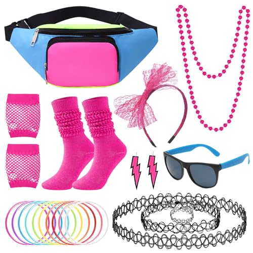 80er Jahre Outfit Damen, 23 Stück 80er 90er Kostüm mit Neonfarbene Kniestrümpfe Bauchtasche Netzhandschuhe Halskette Armband Ohrring Stirnband Sonnenbrille, 80er Neon Thema Party Karneval Halloween 80er Jahre Outfit Damen, 23 Stück 80er 90er Kostüm mit Neonfarbene Kniestrümpfe Bauchtasche Netzhandschuhe Halskette Armband Ohrring Stirnband Sonnenbrille, 80er Neon Thema Party Karneval Halloween von Xerteam