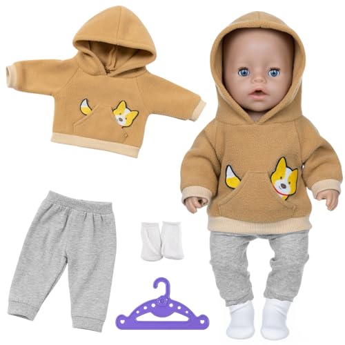 Babypuppenkleidung 30–45 cm, niedliche Puppenkleidung, 1 Tier-Element Kapuzen-Sweatshirt + 1 graue Hose + 1 Kleiderbügel + 1 Paar Socken, Puppen-Kleidungsset, Geschenk für Kinder, Mädchen, Jungen von Xerteam