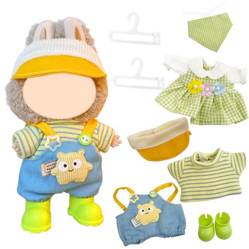 Xerteam Kleidung für 17cm Puppe, 8 Stück Grün Kariert Puppenkleidung mit Schuh, 2 Set Plüsch Puppe Zubehör Kleidungsset, Junge und Mädchen(Ohne Puppe) von Xerteam