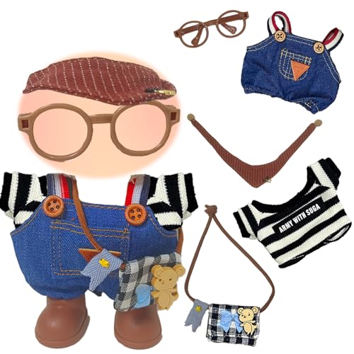 Xerteam Braun 5 Stück 17cm Plüsch Puppenkleidung, Retro Mode Kleidung Zubehör Set, Schwarz-weiß Gestreiftes Oberteil, Jeans-Overall, Segeltuchtasche, Schal, Braune Brille, Geschenke für Mädchen Jungen von Xerteam